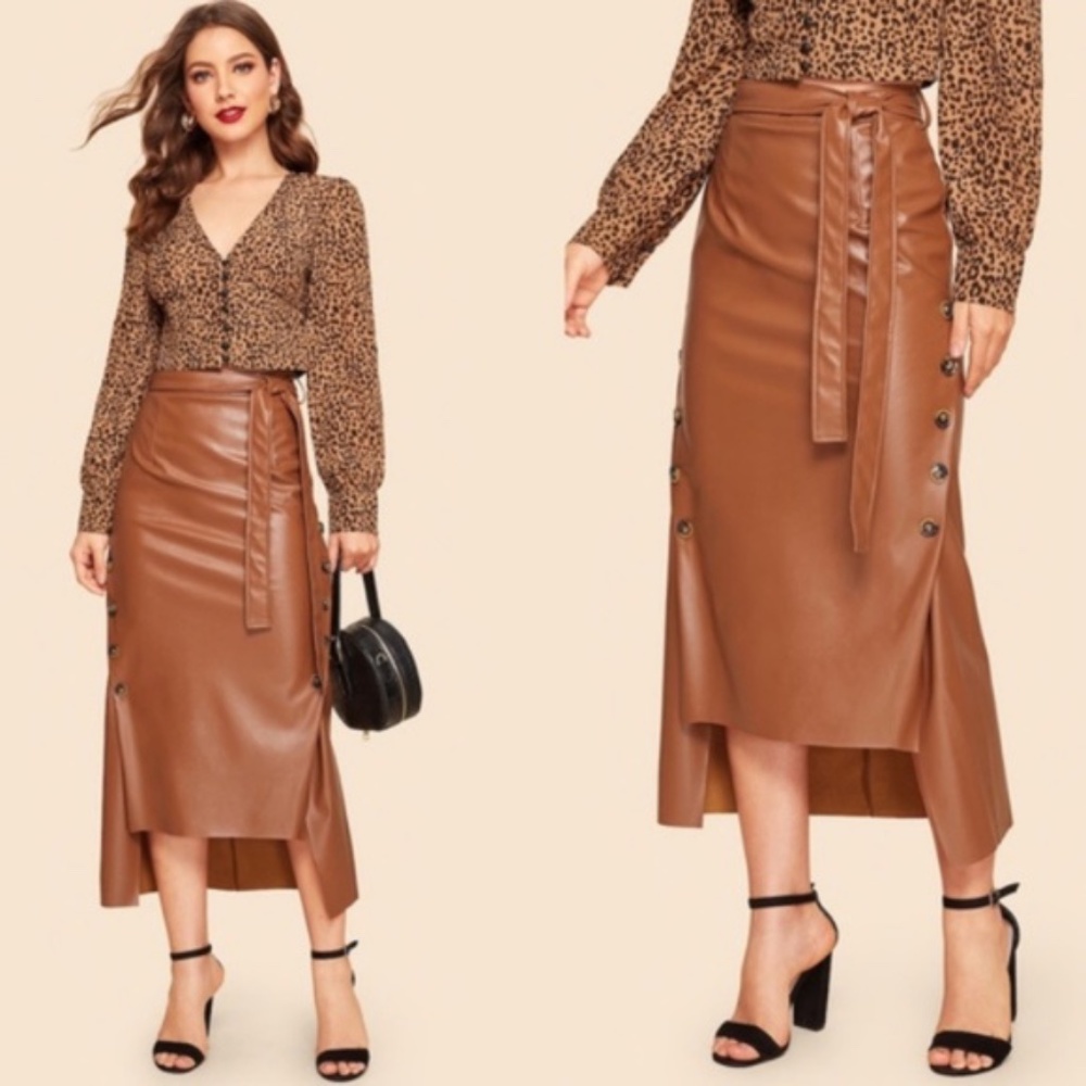 Camel Button Vegan Leather Midi Skirt - Picture 1 of 4
